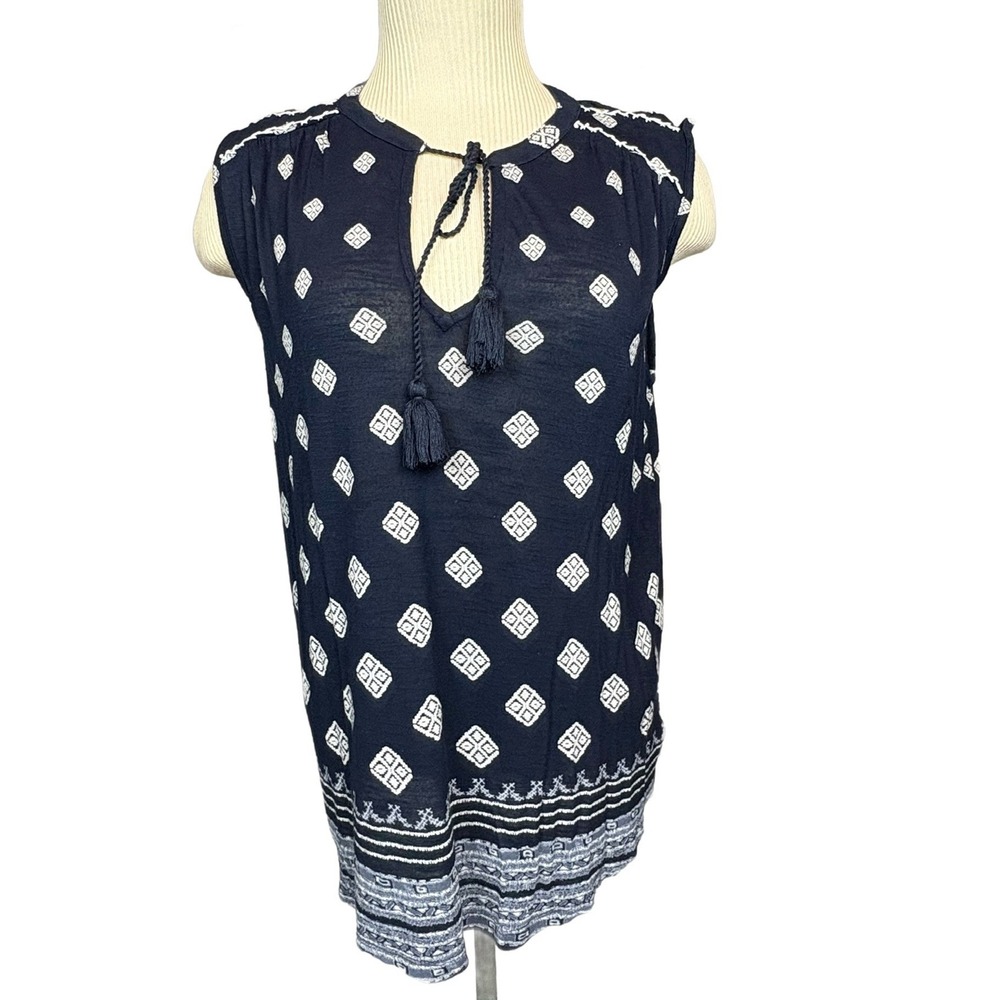 Lucky Brand Sleeveless Top Keyhole Tassel Black White Print Boho Size M